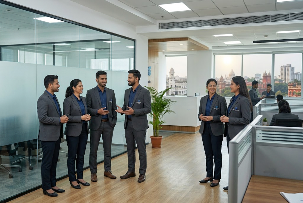 Corporate employees wearing formal uniform shirts and blazers in India office