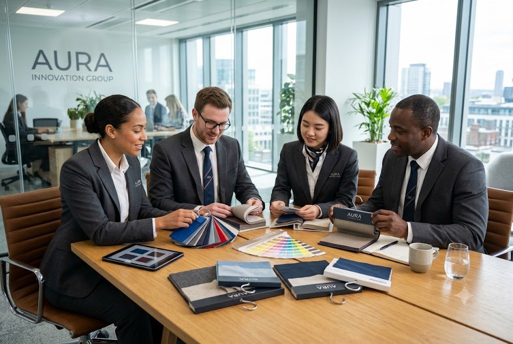 Custom corporate uniforms with branded company logo for employees
