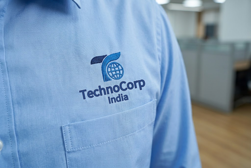 Embroidered logo branding on corporate uniform shirt