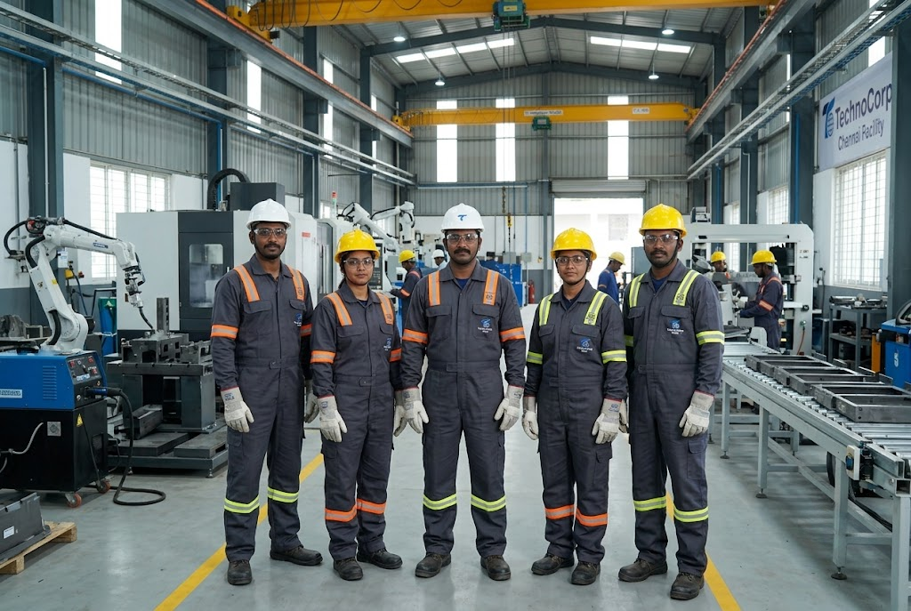Industrial workers wearing corporate safety uniforms in India