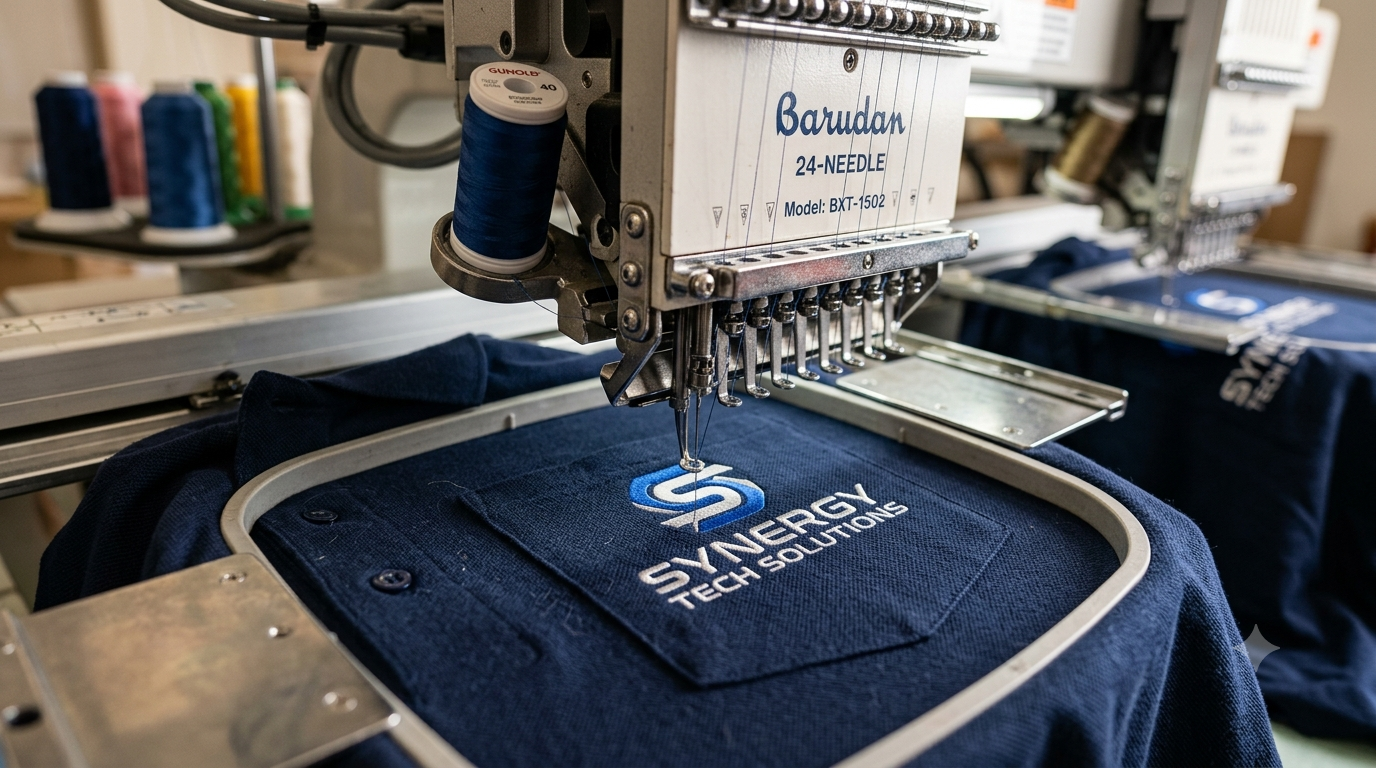 A close-up photograph capturing the detailed process of applying corporate branding to uniforms, as discussed in the article. An industrial embroidery machine is actively stitching a sleek, customized corporate logo (featuring an 'AI' monogram) with white and light blue thread onto the chest pocket of a high-quality, dark blue cotton-blend polo shirt, illustrating precise customization and quality control.