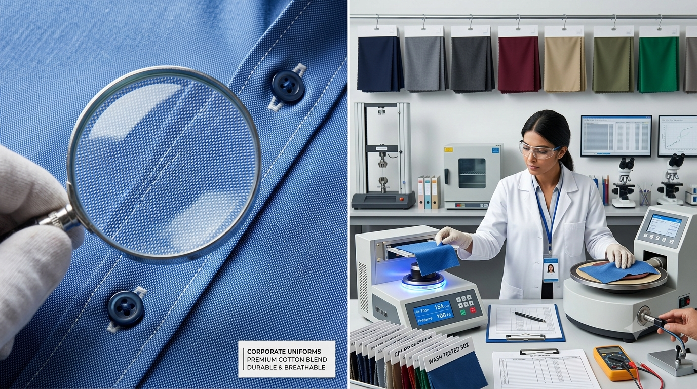 A split-screen photograph illustrating the concept of choosing durable and breathable materials for corporate uniforms. The left side features a close-up of a blue cotton-blend fabric under a magnifying glass, showing fine stitching, texture, and durability. The right side shows a hand arranging vibrant fabric color swatches and textile test samples in a modern studio setting, emphasizing fabric testing and material evaluation for bulk ordering