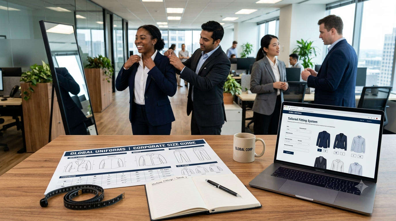 A professional office environment focused on corporate uniform sizing and fit, visualising the process described in the blog. A wooden desk displays a detailed size chart, a tape measure, a notebook, and a laptop showing standard uniform sizes (S, M, L, XL). In the background, diverse corporate employees are trying on dark blazers and collared shirts, indicating that a well-fitted uniform is being prepared for the entire team.