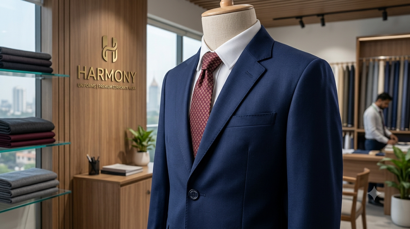 A high-end poly-viscose blazer and formal corporate uniform set displayed on a tailor's mannequin in a modern office design showroom, highlighting fine fabric texture, smooth drape, and professional finish.
