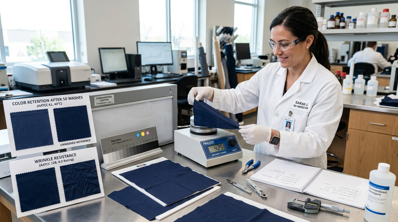 A textile inspector performing quality control tests on uniform fabric swatches in a modern laboratory, checking wrinkle resistance, breathability, and color retention for bulk corporate orders.